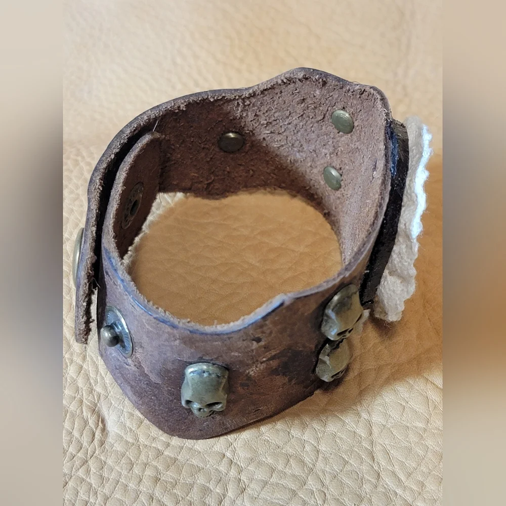 Leather & Lace Cuff Bracelet With Skulls & Crystal Rhinestones Handmade - Picture 9 of 12